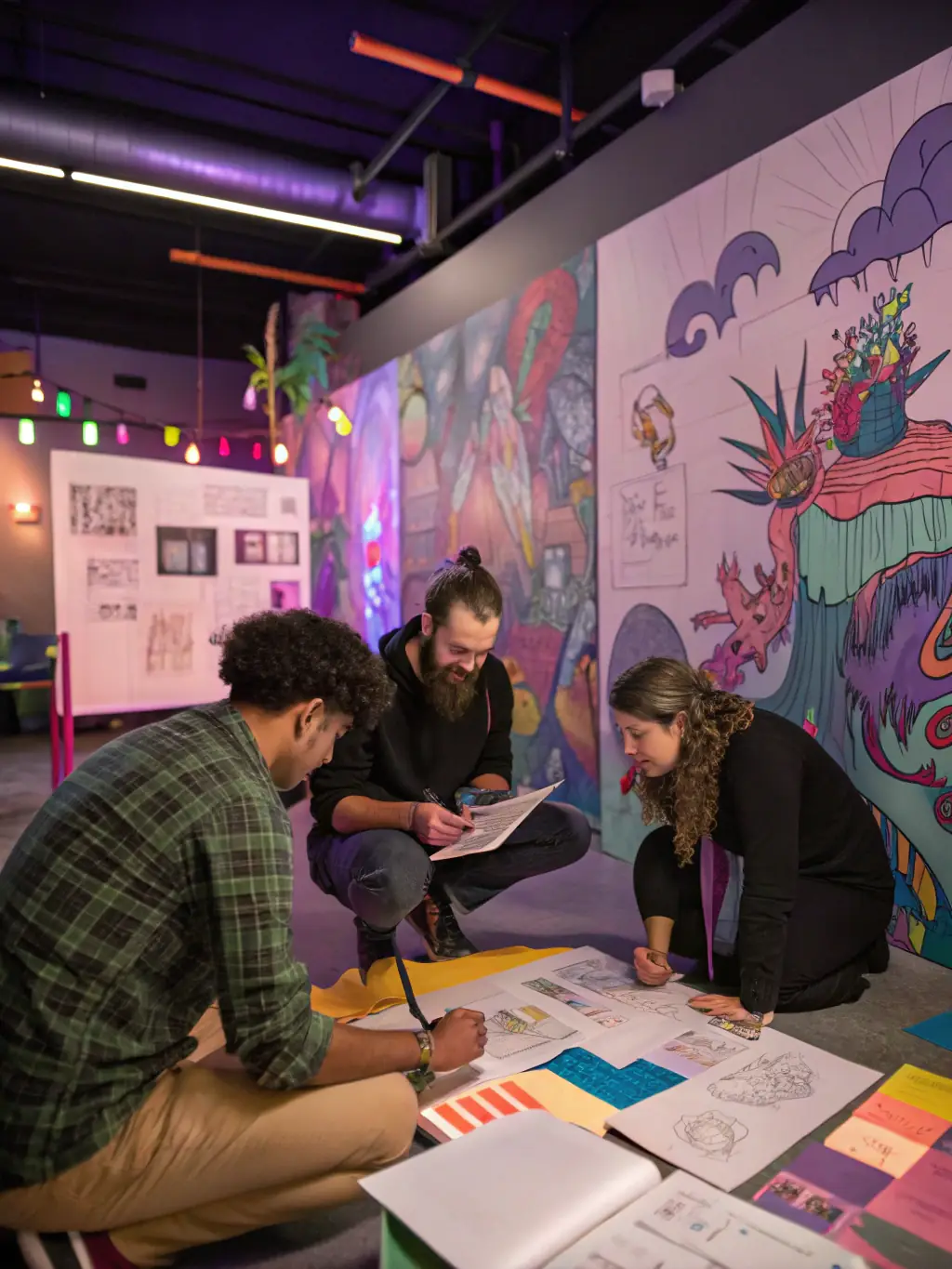 A collaborative art project where multiple artists are working together on a large canvas, showcasing teamwork and creativity.