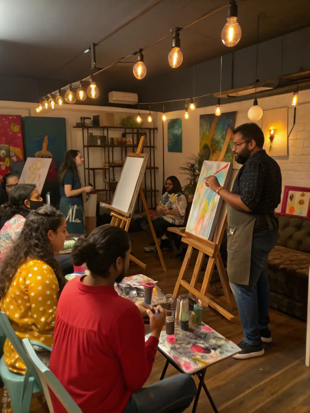 A vibrant painting workshop in progress, with participants focused on their canvases and an instructor providing guidance.