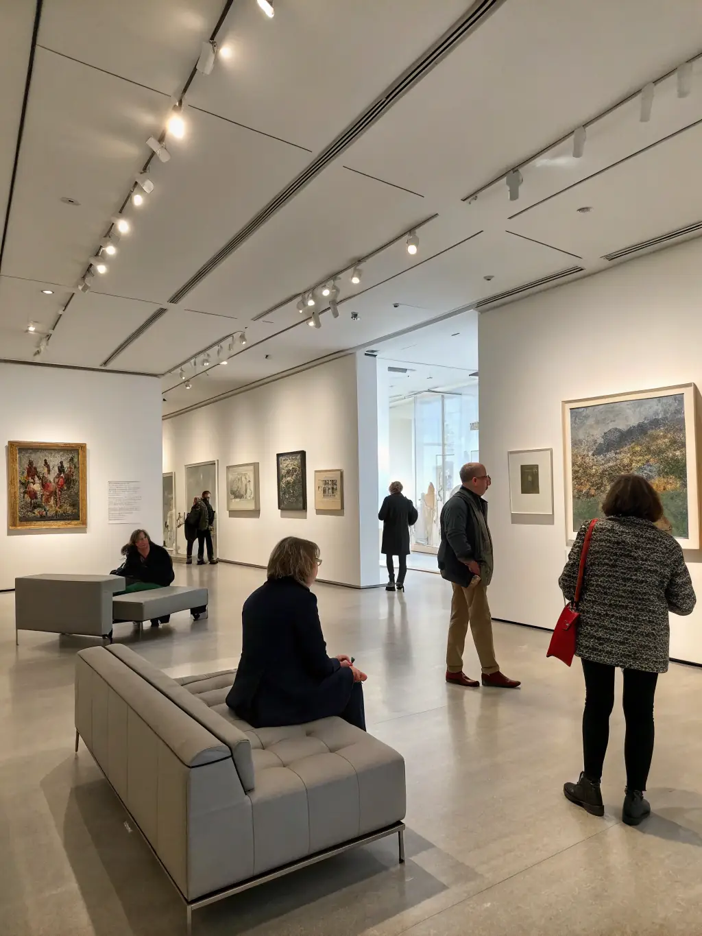 An exhibition showcasing members' artwork, with attendees admiring the diverse range of styles and techniques on display.